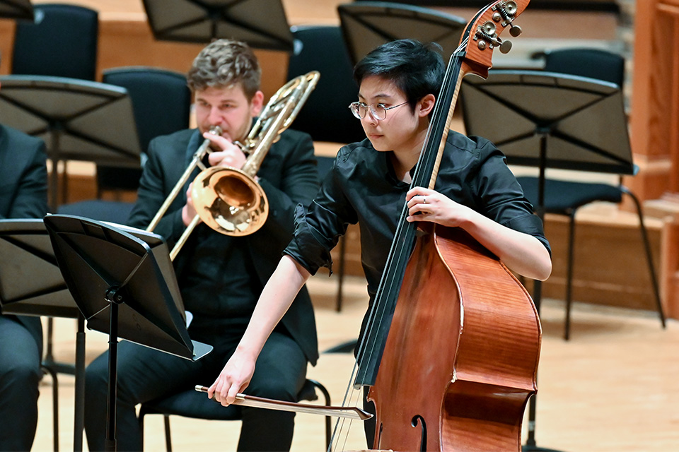 A person wearing a black shirt plays the double bass on stage