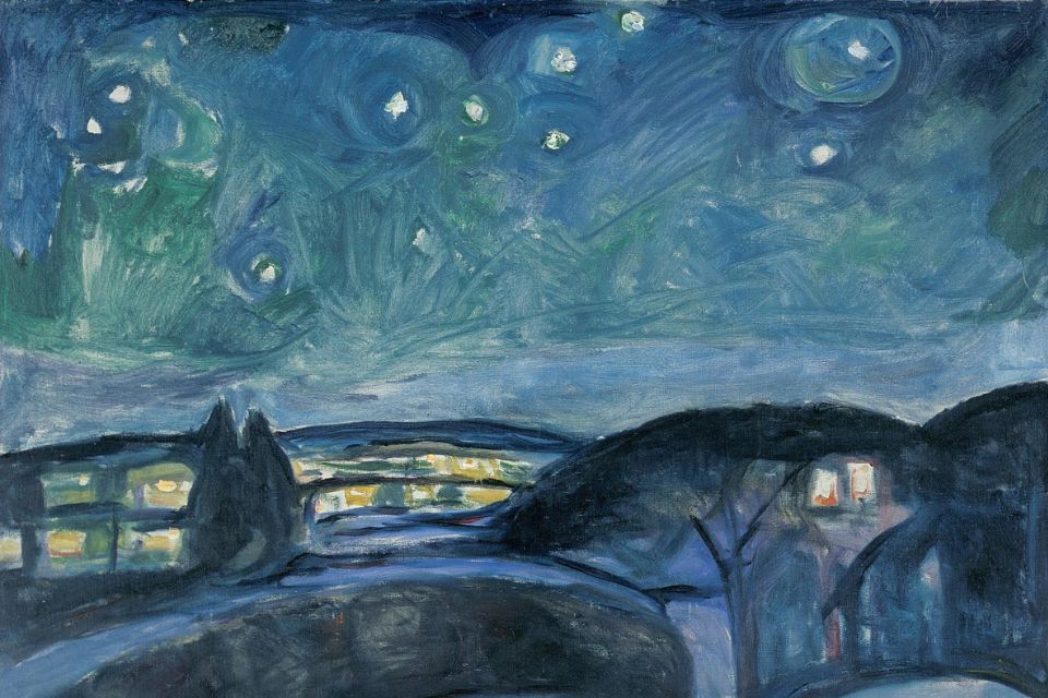 Edvard Munch's painting 'Starry Night', stars in a swirling blue night sky