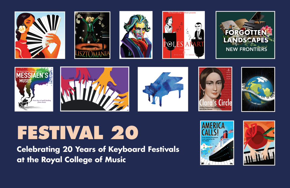 A collage of colourful posters against a blue background