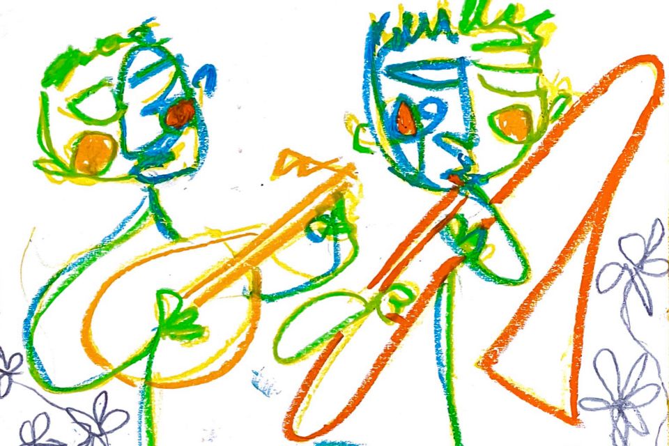 A colourful drawing of two stick figures playing musical instruments