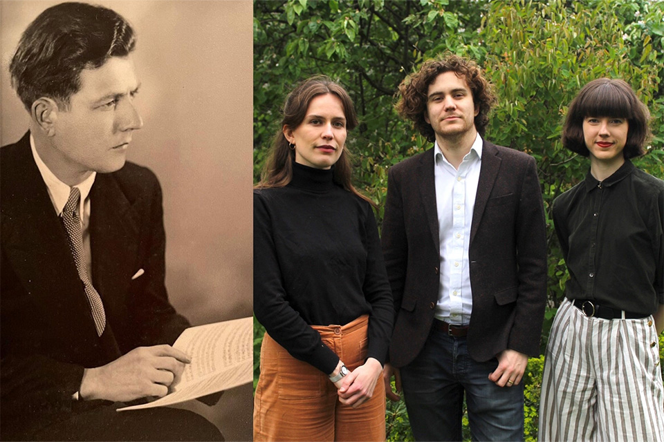 Left: a young Kenneth V Jones studies a score, Right: three people stand outside smiling