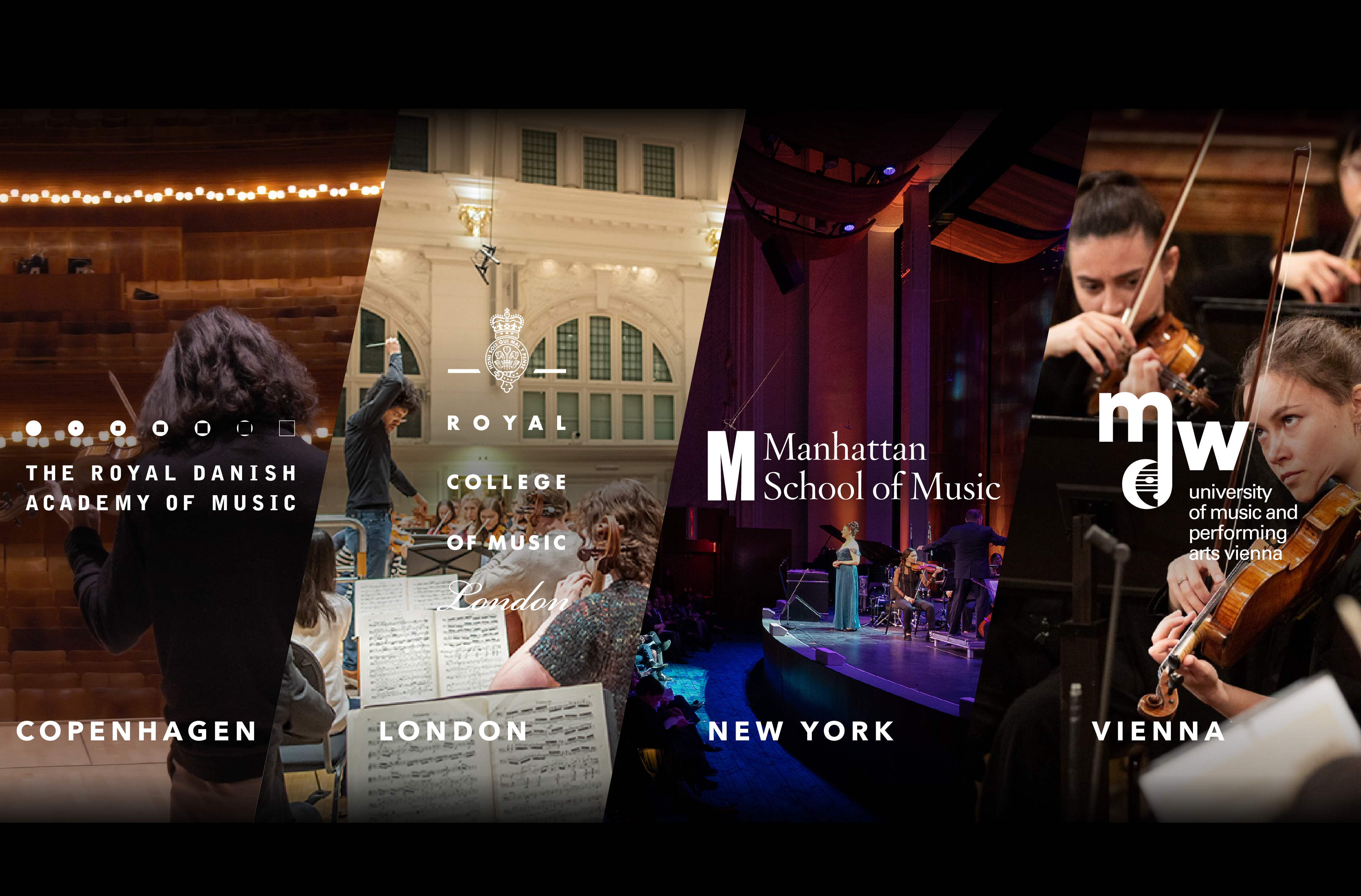 4 vertical images of musicians performing instruments, with logos on top of them, Royal Danish Academy of Music, Royal College of Music London, Manhattan School of Music and University of music and performing arts Vienna.
