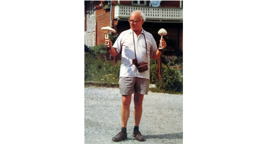 Ferdinand Rauter, a man with grey hair, wearing casual blue shirt and grey trousers, holding big mushrooms in each hand