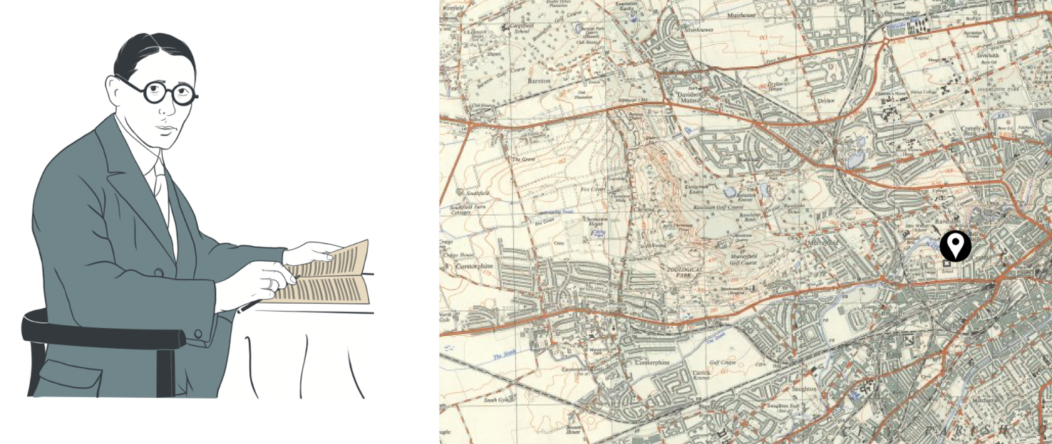 A collage of two images, on the left, an artistic drawing of a man with black hair and glasses, wearing a teal coat, writing on paper, and a historical map of where this person lived, on the right.